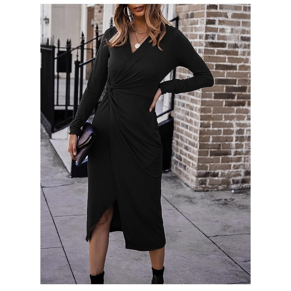 Women's Midi Casual V Neck Dress with Twist Waist size S